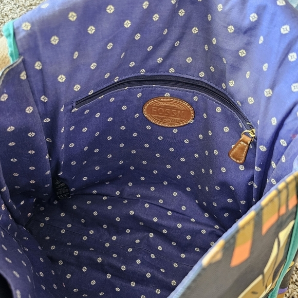 Fossil Canvas Coated Tropical Flower Dark Blue Cross Body Shoulder Bag Purse - Picture 6 of 7